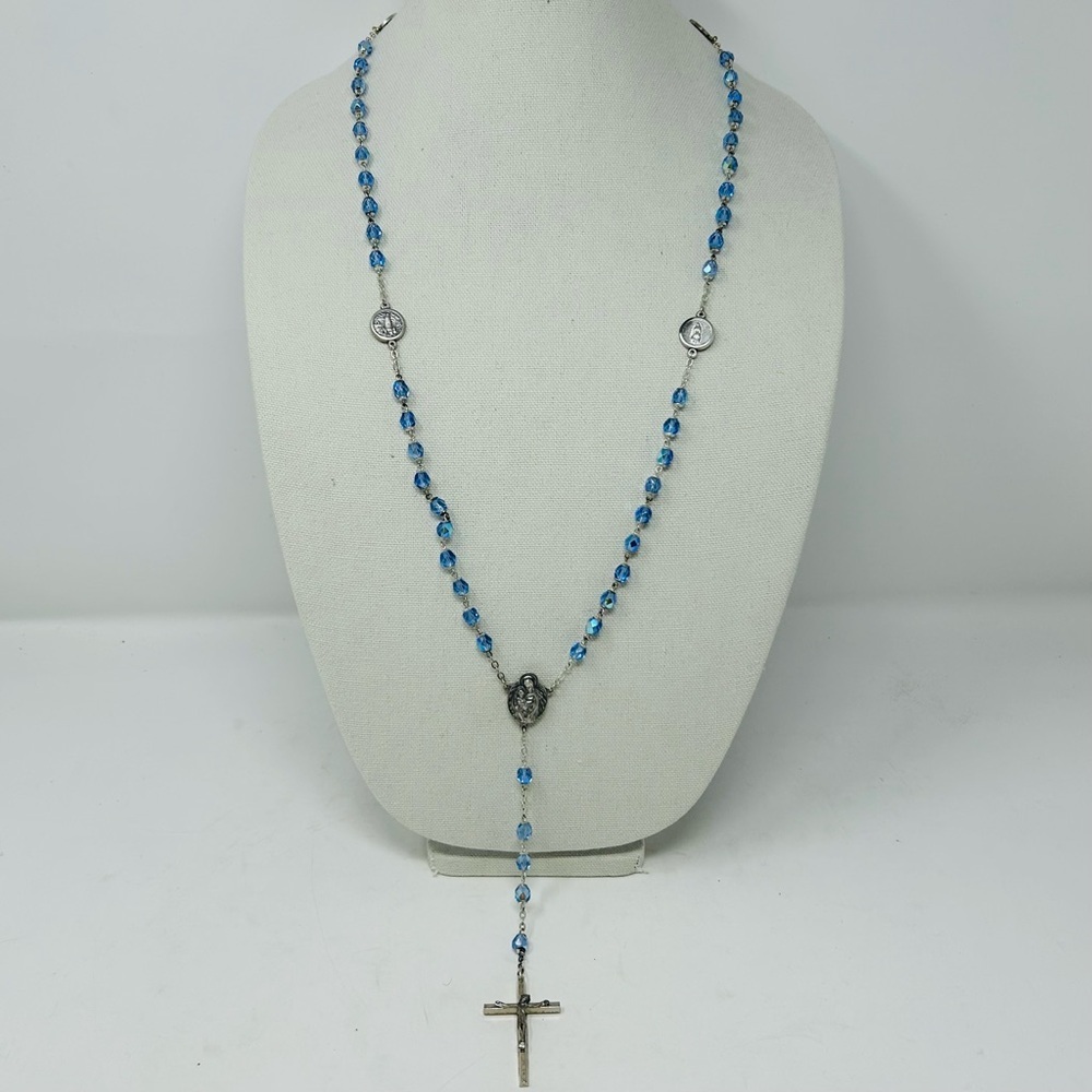Blue Crystal Rosary Necklace with Cross